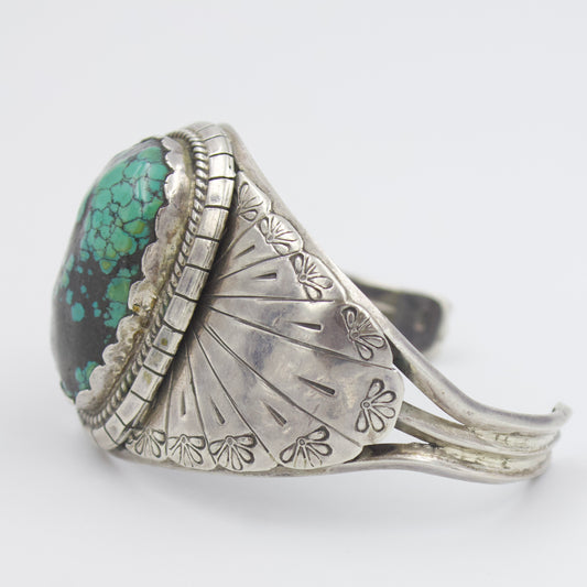 Vintage Southwestern Natural Turquoise Etched Cuff Bracelet in Sterling Silver