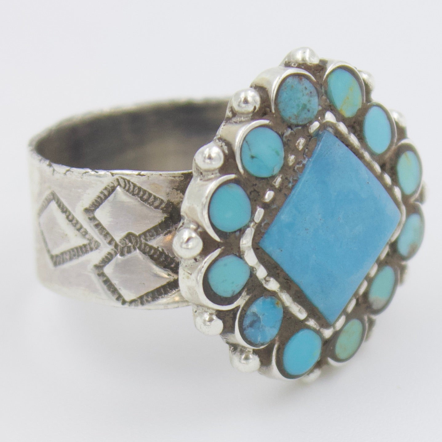 Vintage Natural Square Turquoise Cluster Statement Ring in Sterling Silver size 7