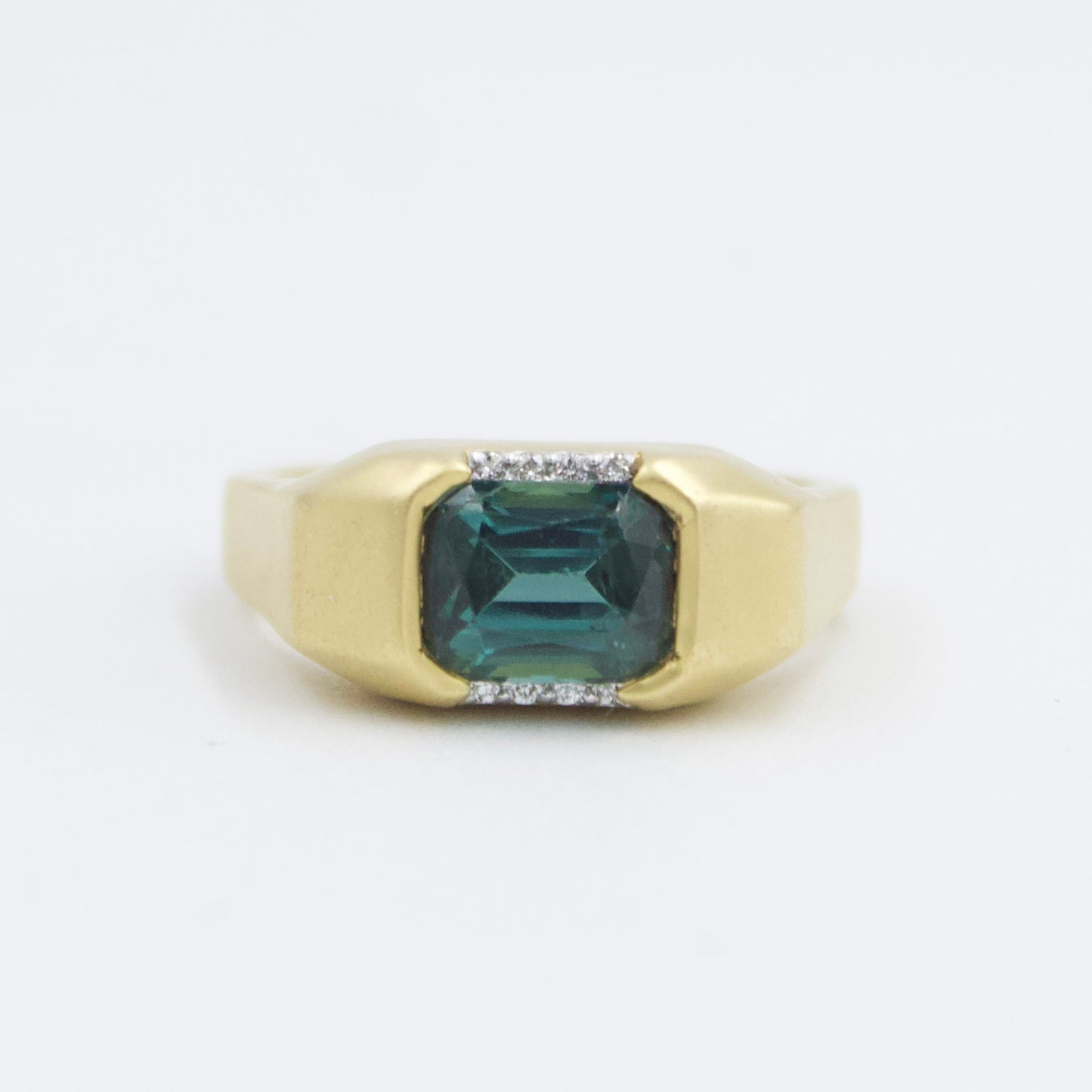 Natural 2.2 Ct Blue Tourmaline & Diamond East West Half Bezel Set Ring in 18KY Brushed Gold