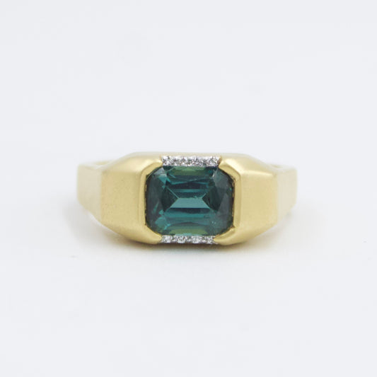 Natural 2.2 Ct Blue Tourmaline & Diamond East West Half Bezel Set Ring in 18KY Brushed Gold