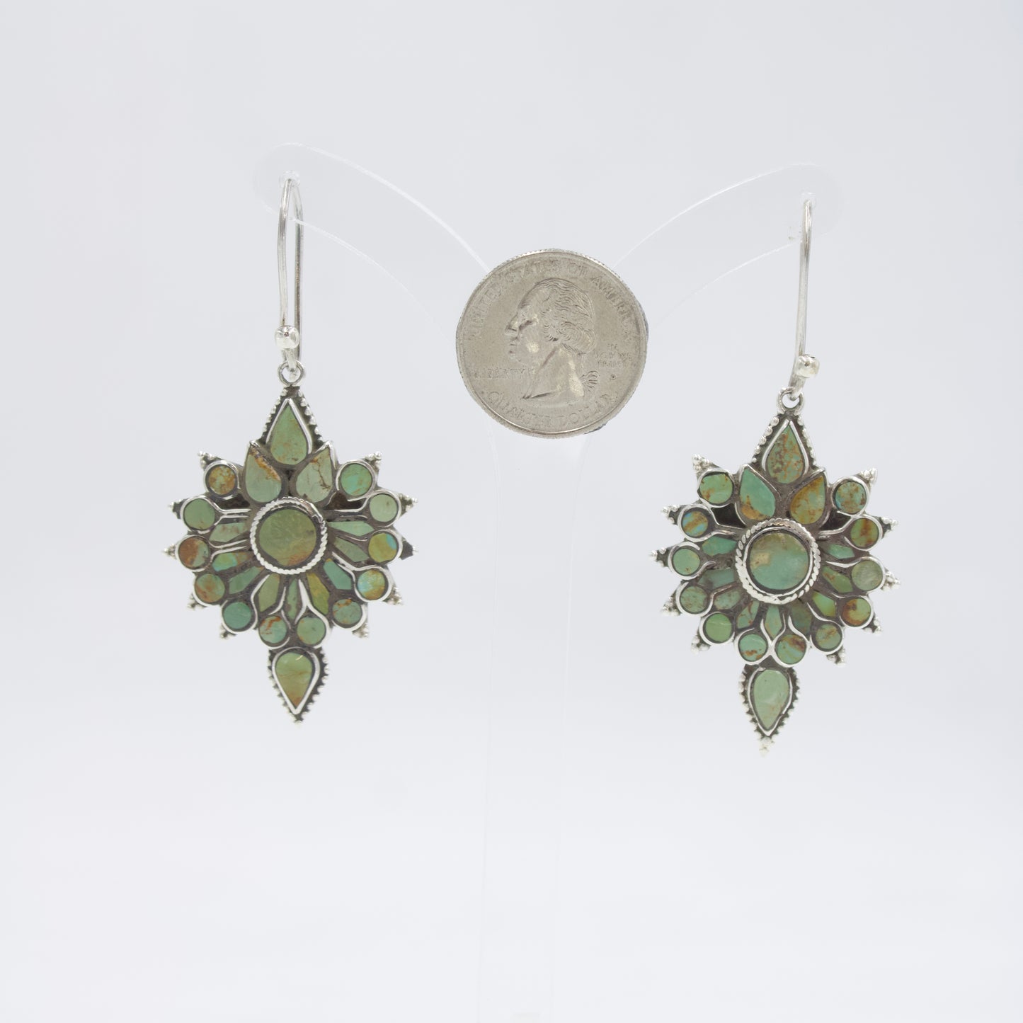 Vintage Starburst Dangle Earrings with Natural Turquoise in Sterling Silver