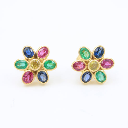 Elegant 4.25 TCW Natural Ruby, Emerald and Sapphire Floral Stud Earrings in 18K Yellow Gold
