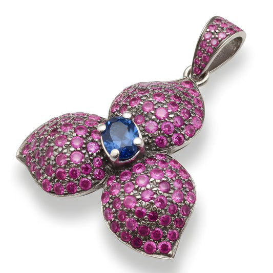 Vintage 4.15 TCW Natural Kyanite & Burmese Ruby Floral Pave Pendant in Sterling Silver