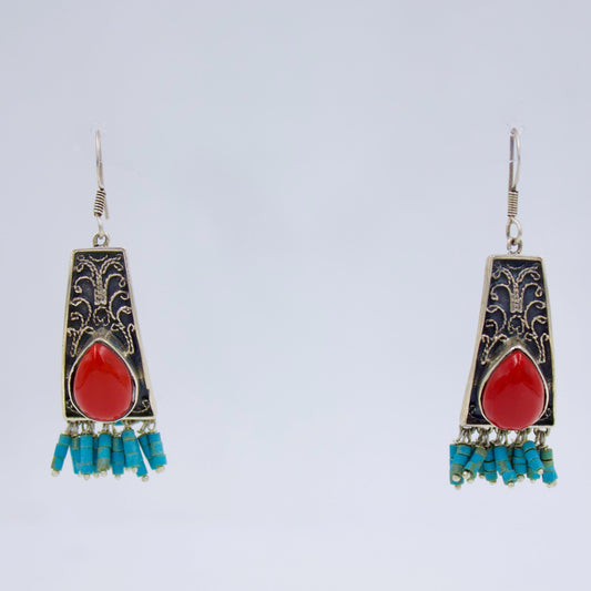 Vintage Turquoise and Coral Statement Drop Earrings in Sterling Silver