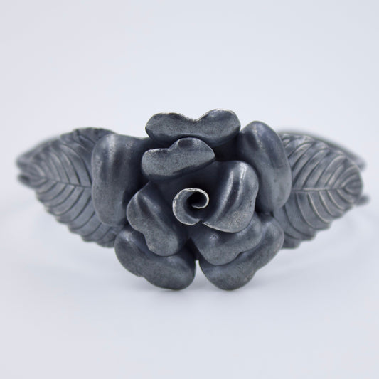 Vintage Statement Floral Handmade Cuff Bracelet in Oxidised Sterling Silver