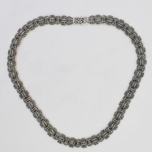 Unique Art Deco Style Marcasite Statement Necklace in Sterling Silver