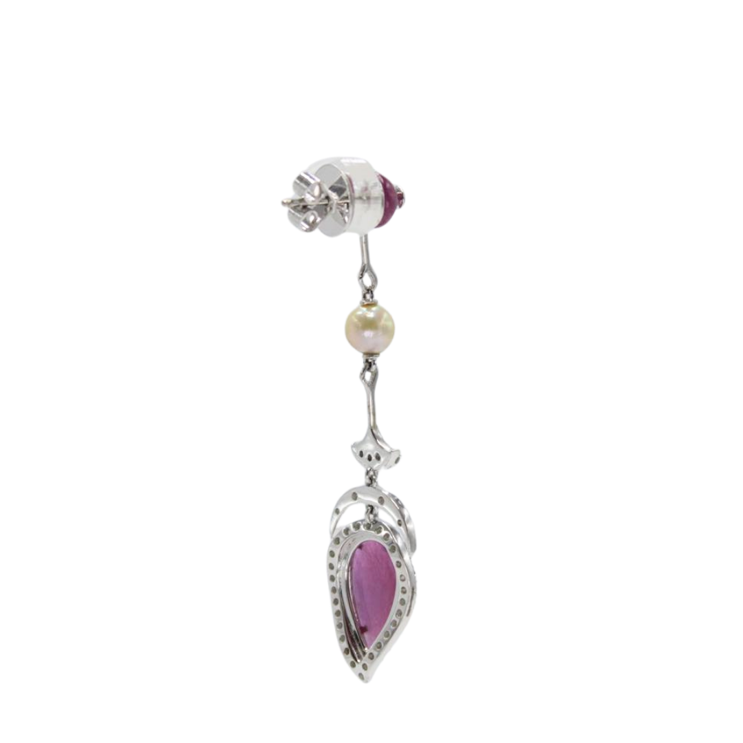 15.52 Ct Art Deco Ruby, Pearl & Diamond Geometric Drop Earrings in 18K White Gold