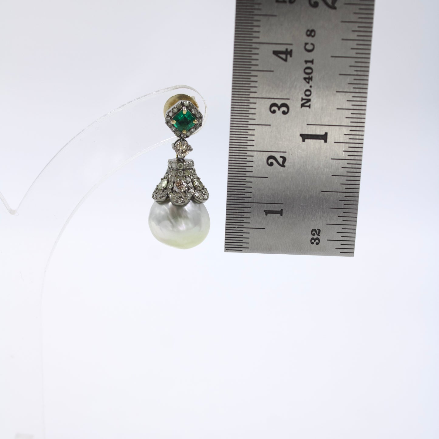 Art Deco Gold Silver Emerald Diamond Southsea Pearl Earrings in 14K Gold & Sterling Silver