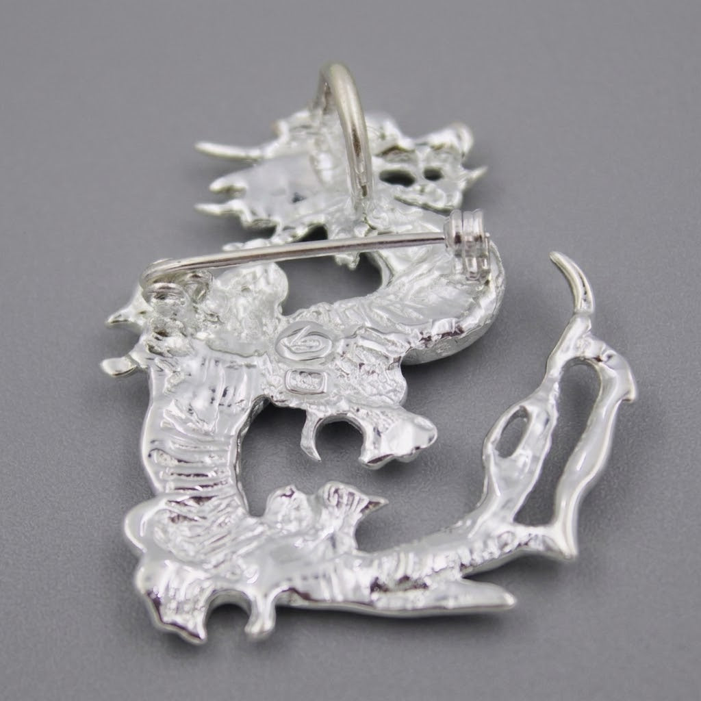 Silver Dragon Brooch Pendant with Mother of Pearl Inlay 925 Sterling Silver