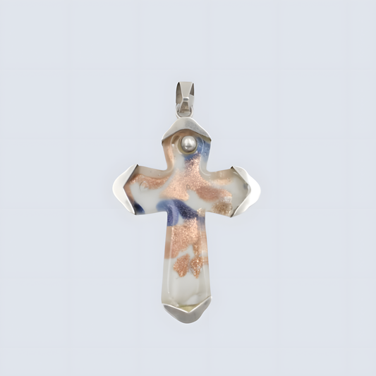 Artisan Hand-Blown Resin Cross Pendant in Sterling Silver