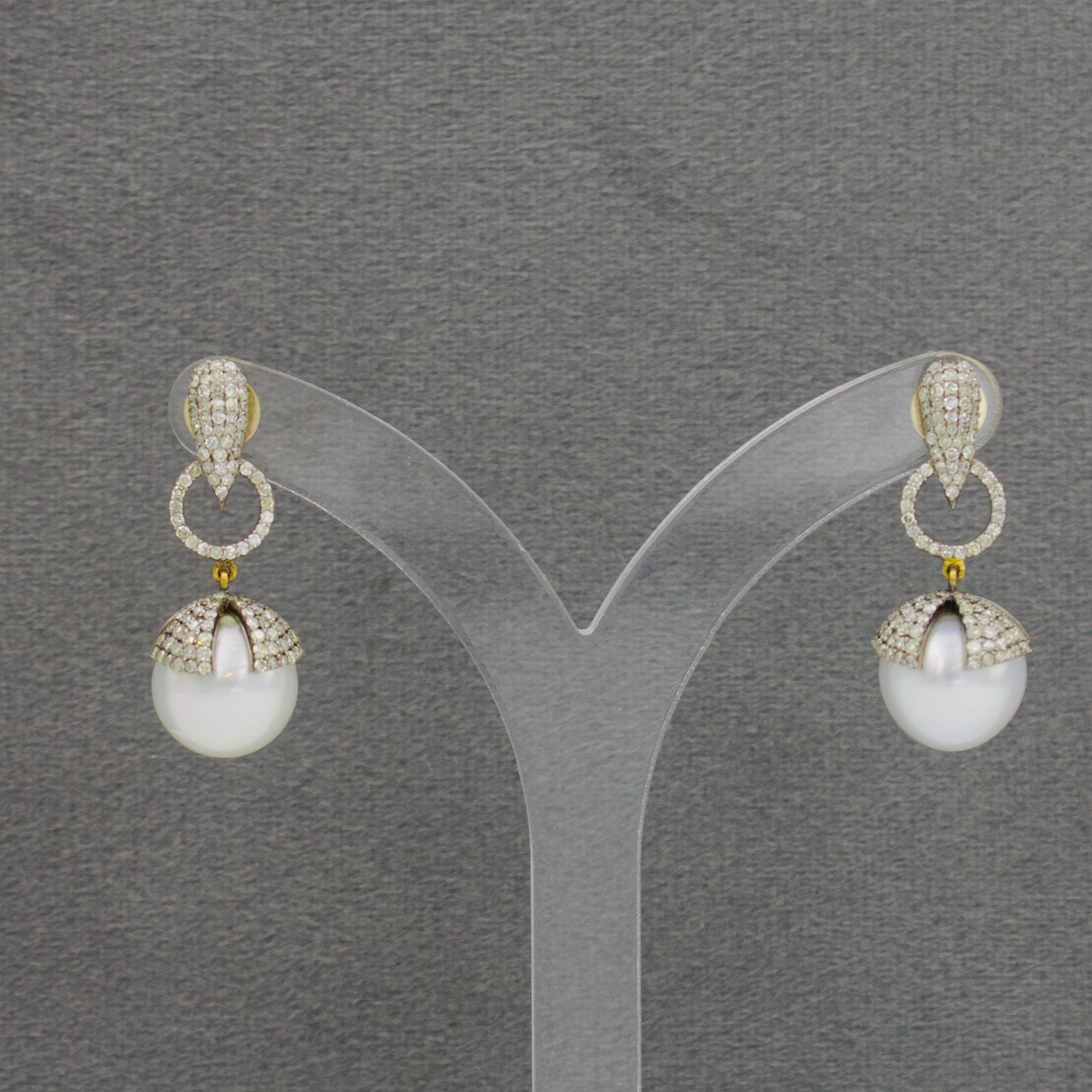 Victorian Diamond South Sea Pearl Drop Earrings in 14K Gold & Sterling Silver