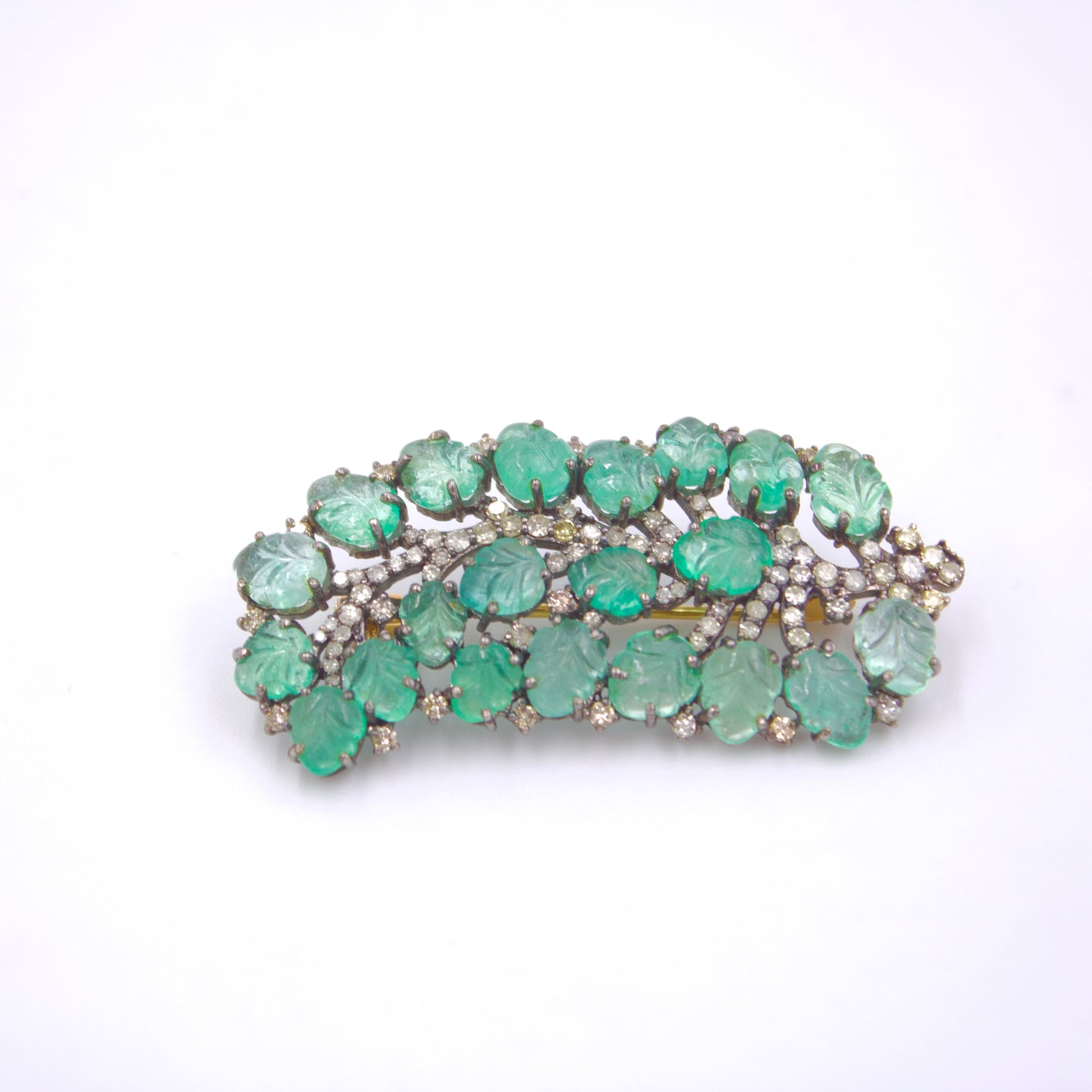 Carved Emerald & Diamond Leaf Brooch in 14K Gold & Sterling Silver