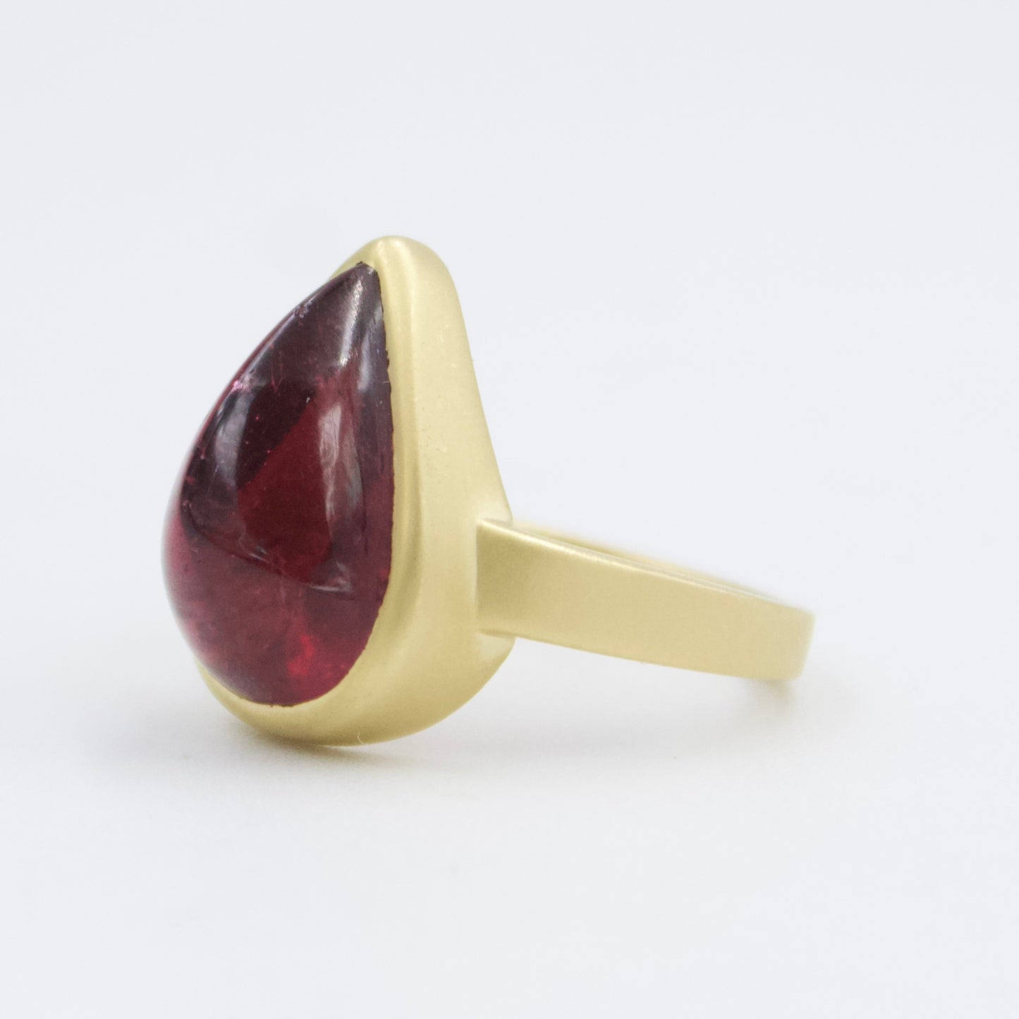 8.6 Ct Vivid Red Rubellite Tourmaline Pear Sugarloaf Ring in 18KY Brushed Gold