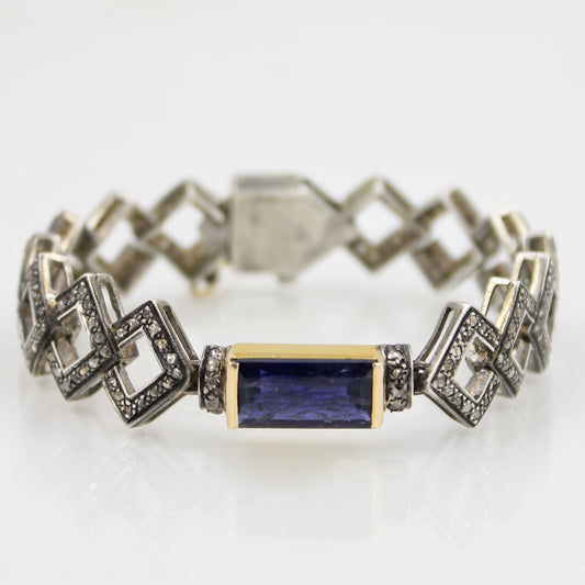 Victorian 5.13 TCW Iolite and Diamond Bracelet in 14K Gold & Sterling Silver