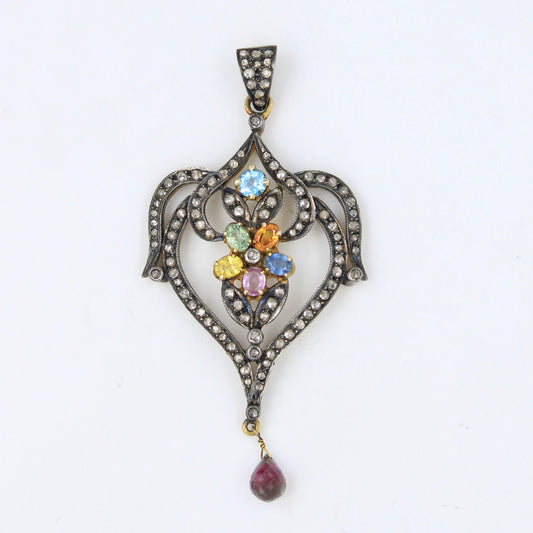 Victorian 3.85 TCW Untreated Sapphires and Diamond Pendant in 14k Gold & Sterling Silver