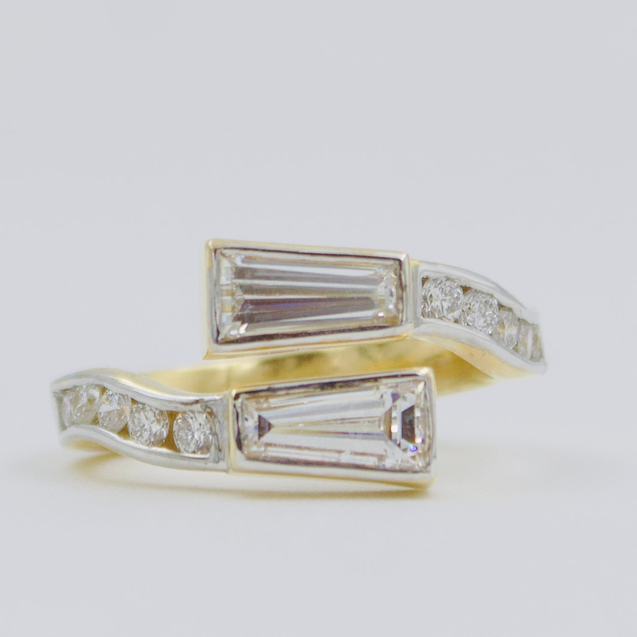 1.47 ct Created Diamond Bypass Ring with Tapered Baguette & Round Cut Accents in 18k Gold Size 6