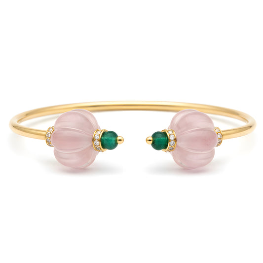 Minimal 35.3 Ct Natural Rose Quartz, Emerald & Diamond Bracelet in 18K Gold