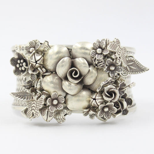 Handmade Indonesian Boho Floral Butterfly Charm Sterling Silver Cuff Bracelet