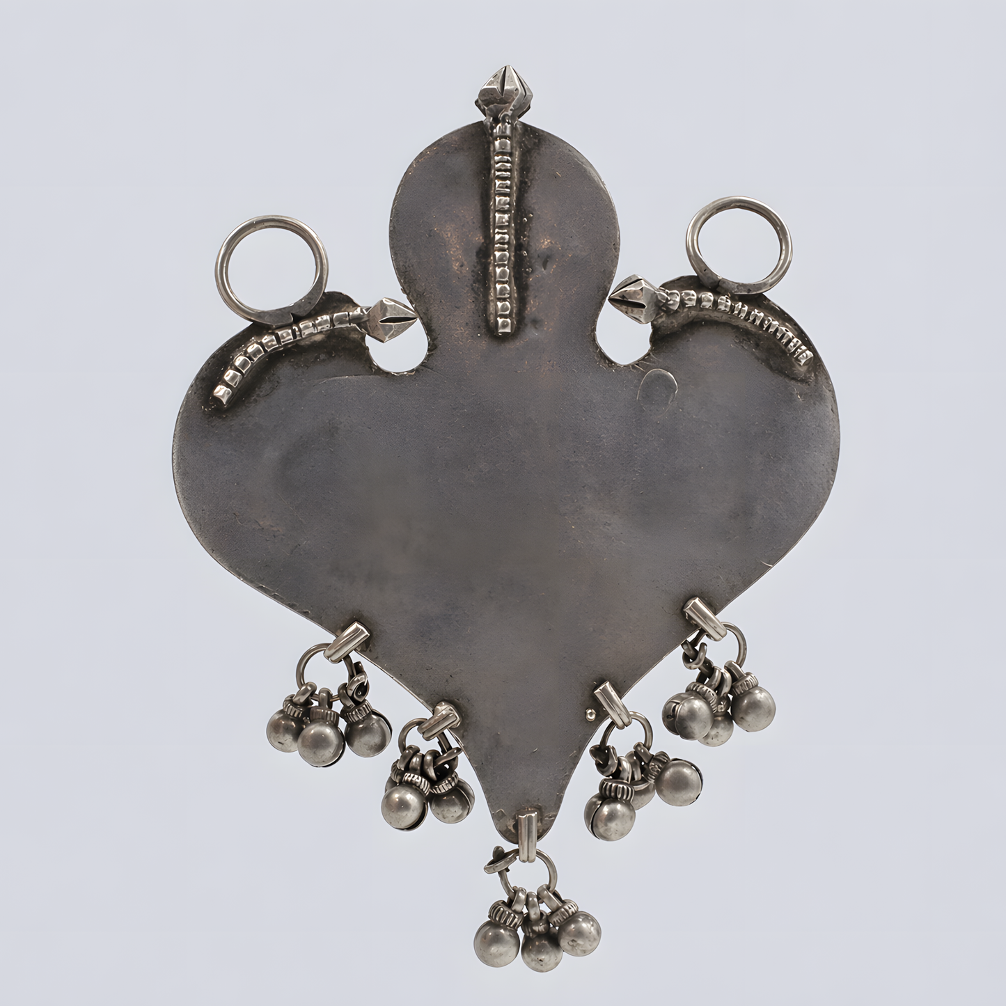 Antique Silver Heart-Shaped Tribal Pendant with Inlaid Glass & Ghungroo In Sterling silver