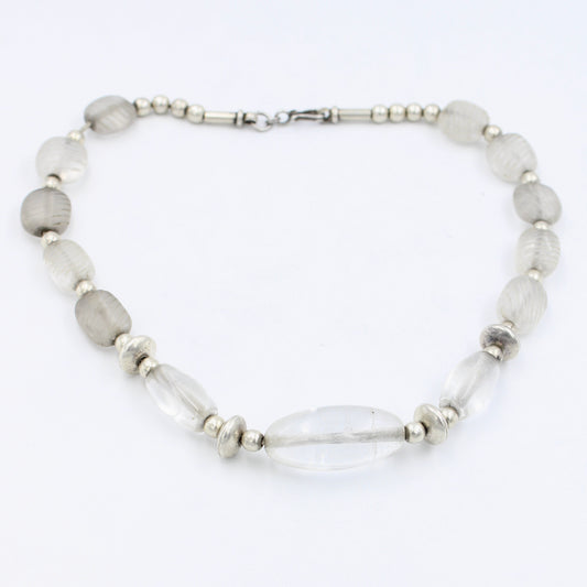Vintage Tribal Carved Rock Crystal Quartz Beaded Necklace in Sterling Silver