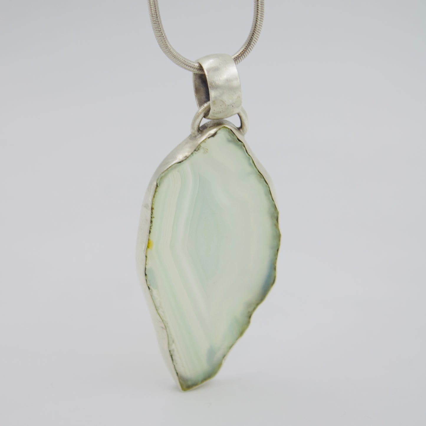 Artisanal Natural Light Blue Agate Slice Bezel Set Pendant in Sterling Silver