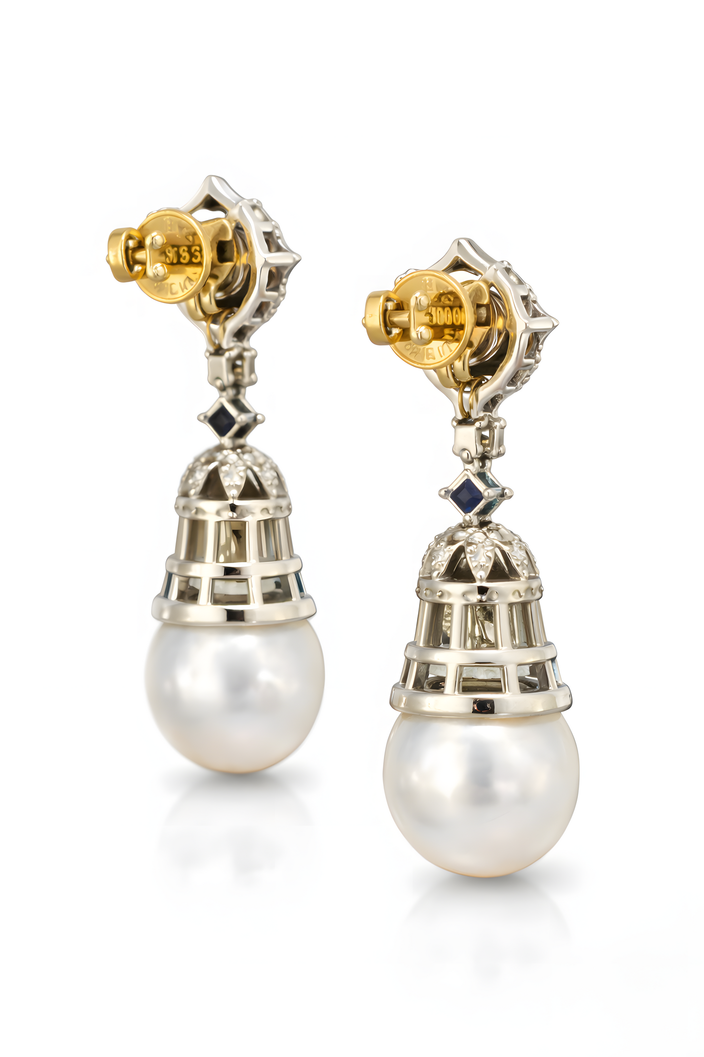 2.49 Ct Sapphire Art Deco Diamond & 17.93 Ct South Sea Pearl Drop Earrings 14K Gold & Sterling Silver