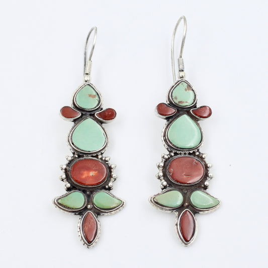 Vintage Natural Turquoise & Coral Drop Earring in Sterling Silver