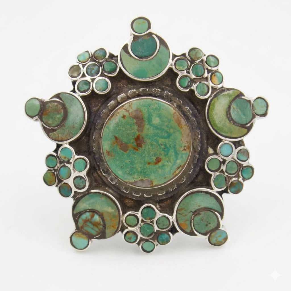 Vintage Turquoise Star Rosette Masterpiece Statement Ring in Sterling Silver