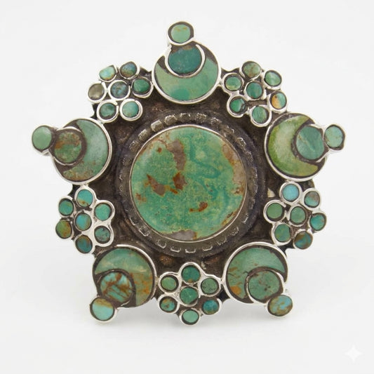 Vintage Turquoise Star Rosette Masterpiece Statement Ring in Sterling Silver