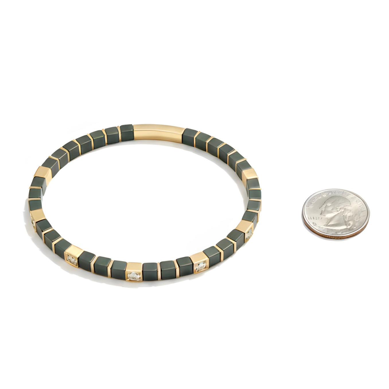 Natural 38.05 Ct Green Onyx & Desert Diamond Tile Beaded Bracelet in 14K Gold