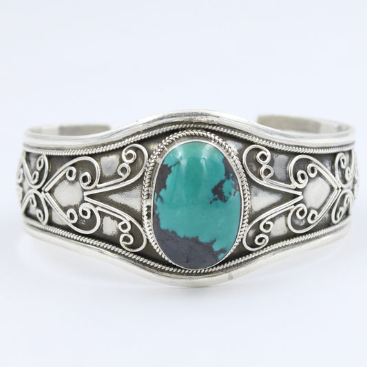 Vintage Navajo Natural Turquoise Etched Sterling Silver Adjustable Cuff Bracelet