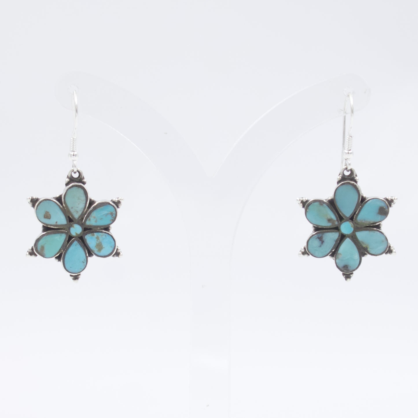 Vintage Southwestern Turquoise Flower Drop Dangle Earrings in Sterling Silver