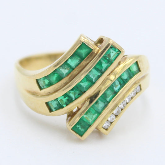 Vintage AAA 1.34 Ct Emerald & Diamond Channel Setting Ring in 18K Gold