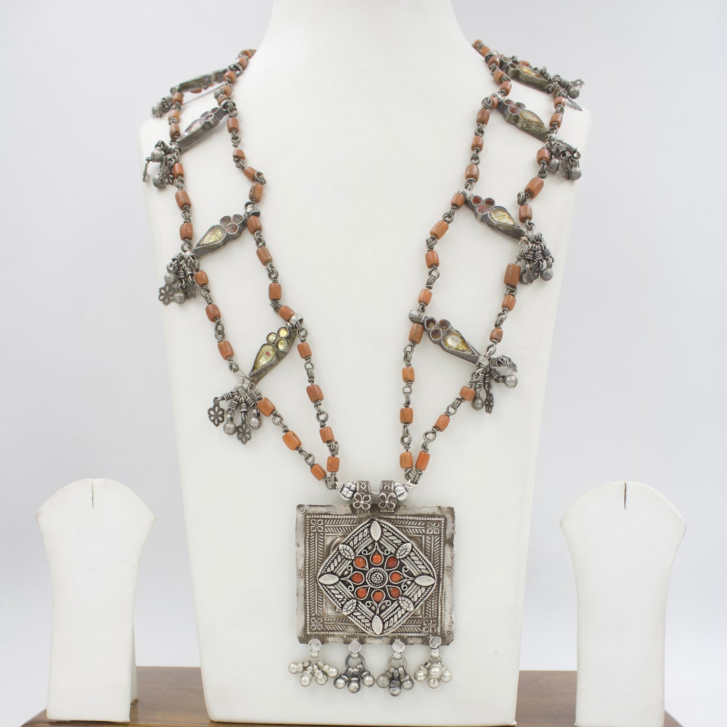 Navratri Antique Coral Necklace Double Strand Square Pendant in Sterling Silver