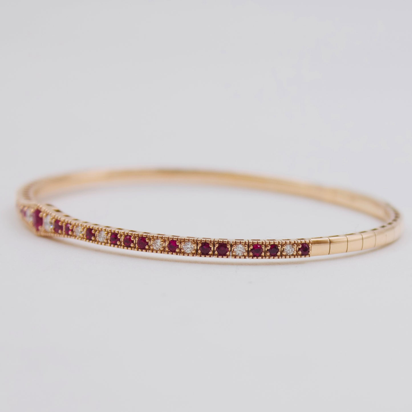 Vintage 0.85ct Burmese Ruby & Diamond Milgrain Stackable Hinged Bangle in 18K Rose Gold
