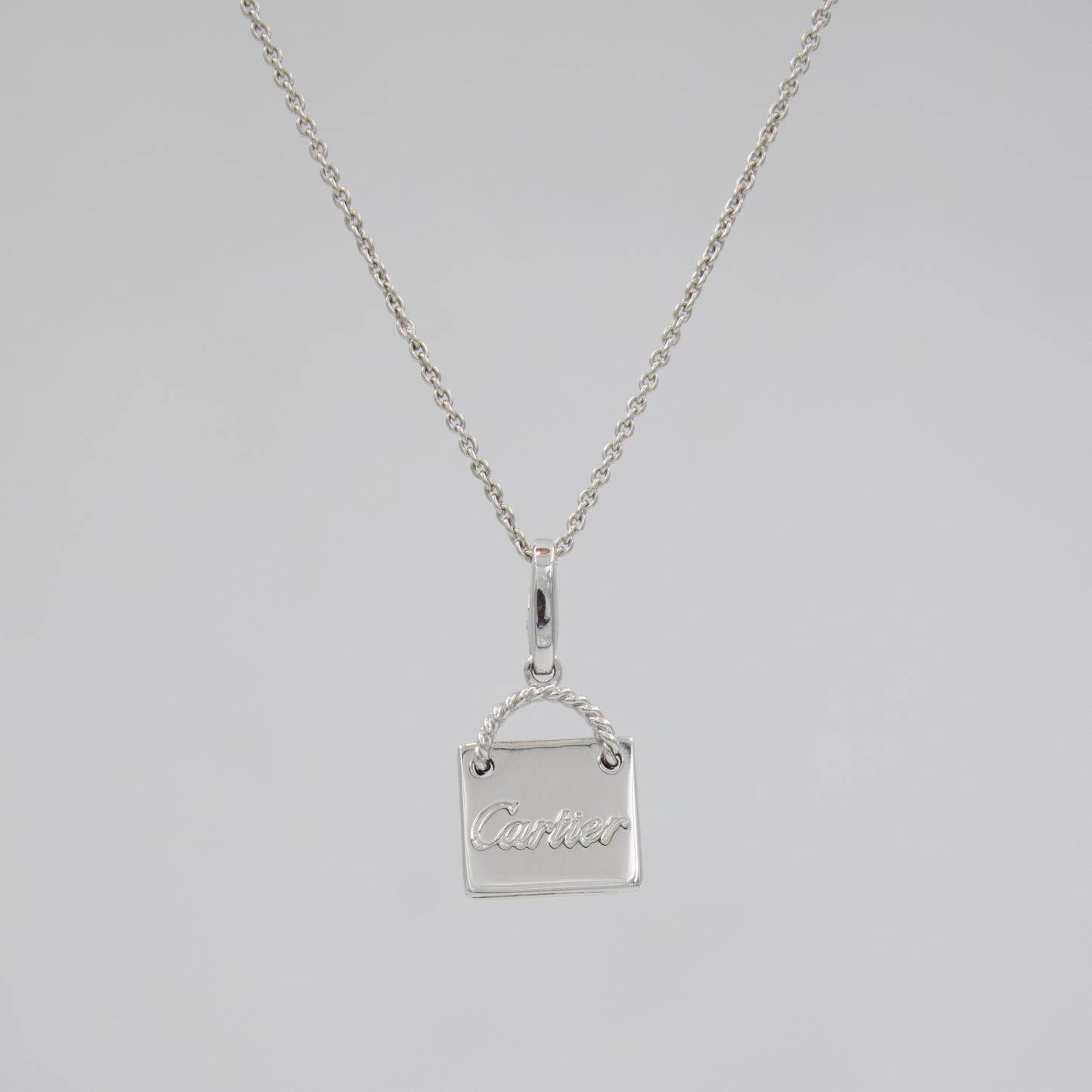 Vintage Authentic Cartier Shopping Bag Charm Pendant in 18K White Gold
