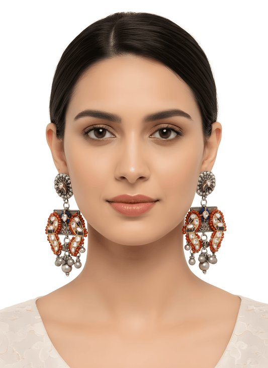 Antique Gold-Plated 925 Sterling Silver Chandelier Earrings with Lapis, Coral, and Green Onyx