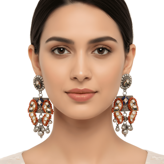 Antique Gold-Plated 925 Sterling Silver Chandelier Earrings with Lapis, Coral, and Green Onyx