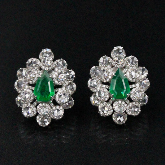 Statement 7.38 TCW AAA Natural Emerald & Rose Cut Diamond Halo Stud Earrings