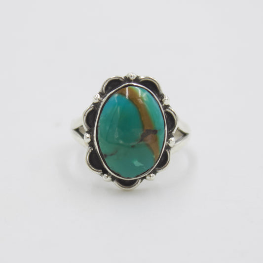 Natural Turquoise Oval Filigree Scalloped Statement Ring