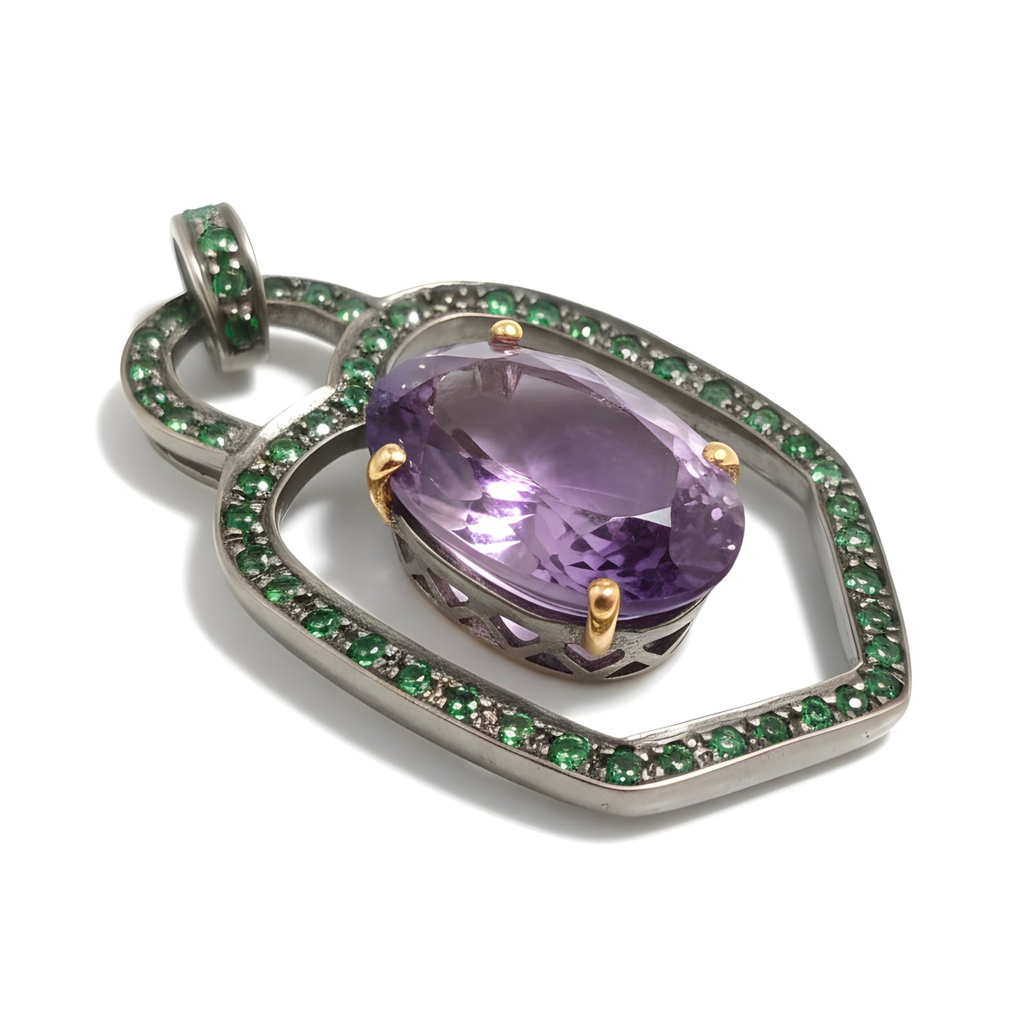 Victorian 22.5 Ct Statement Amethyst & Emerald Pendant in 14k Gold & Silver