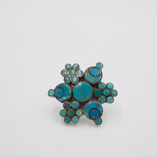 Bohemian Turquoise Cluster Statement Ring in 925 Sterling Silver | Size 7.5