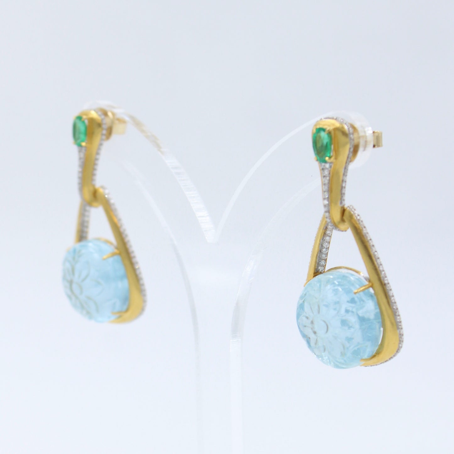 44.9 Ct Carved Aquamarine, Emerald & Diamond Drop Earrings 18K Brushed Gold