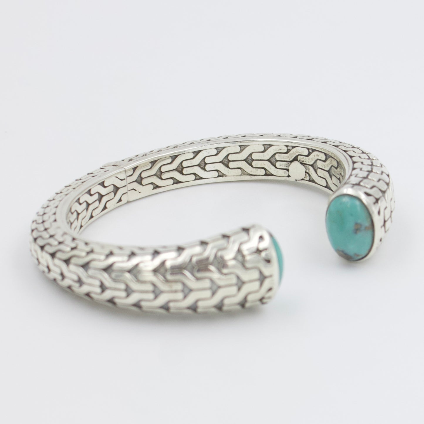 Natural Turquoise Hinged Etched Cuff Bracelet in Sterling Silver