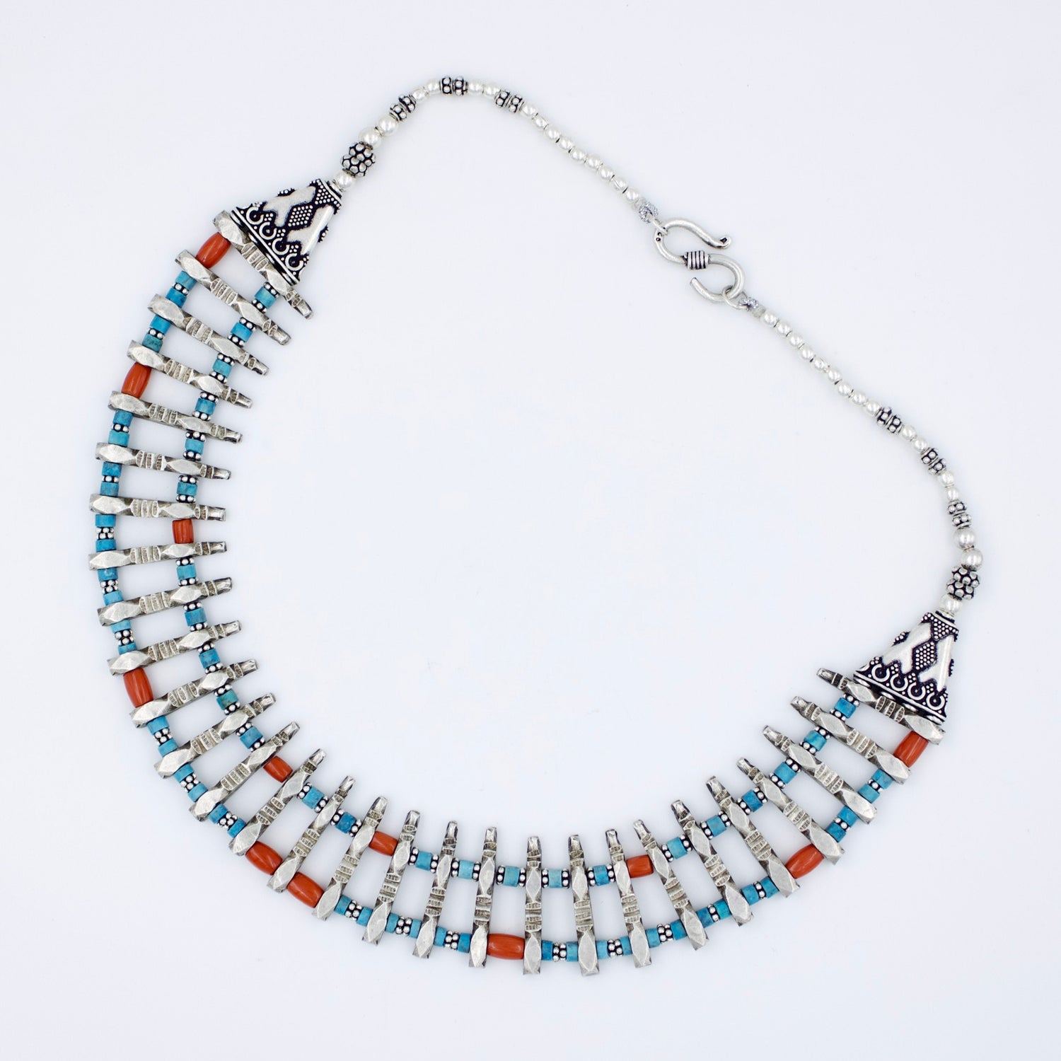 Vintage Tibetan Turquoise & Coral Collar Necklace in Sterling 