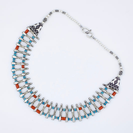 Vintage Tibetan Turquoise & Coral Collar Necklace in Sterling Silver