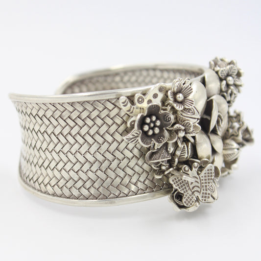 Handmade Indonesian Boho Floral Butterfly Charm Sterling Silver Cuff Bracelet