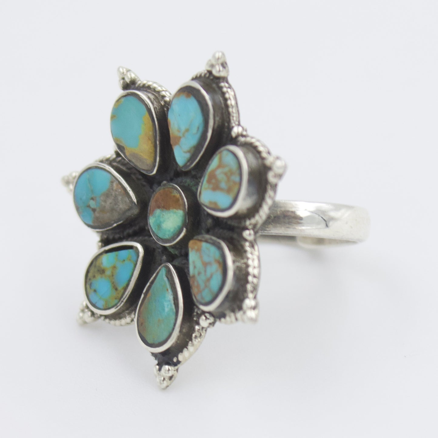 Vintage Sterling Silver Natural Turquoise Flower Cluster Statement Ring