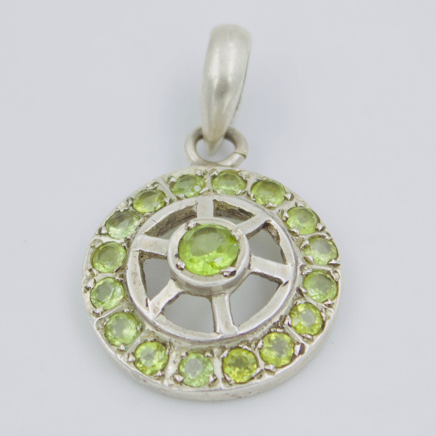 Natural Peridot Round Wheel Medallion Pendant in Sterling Silver