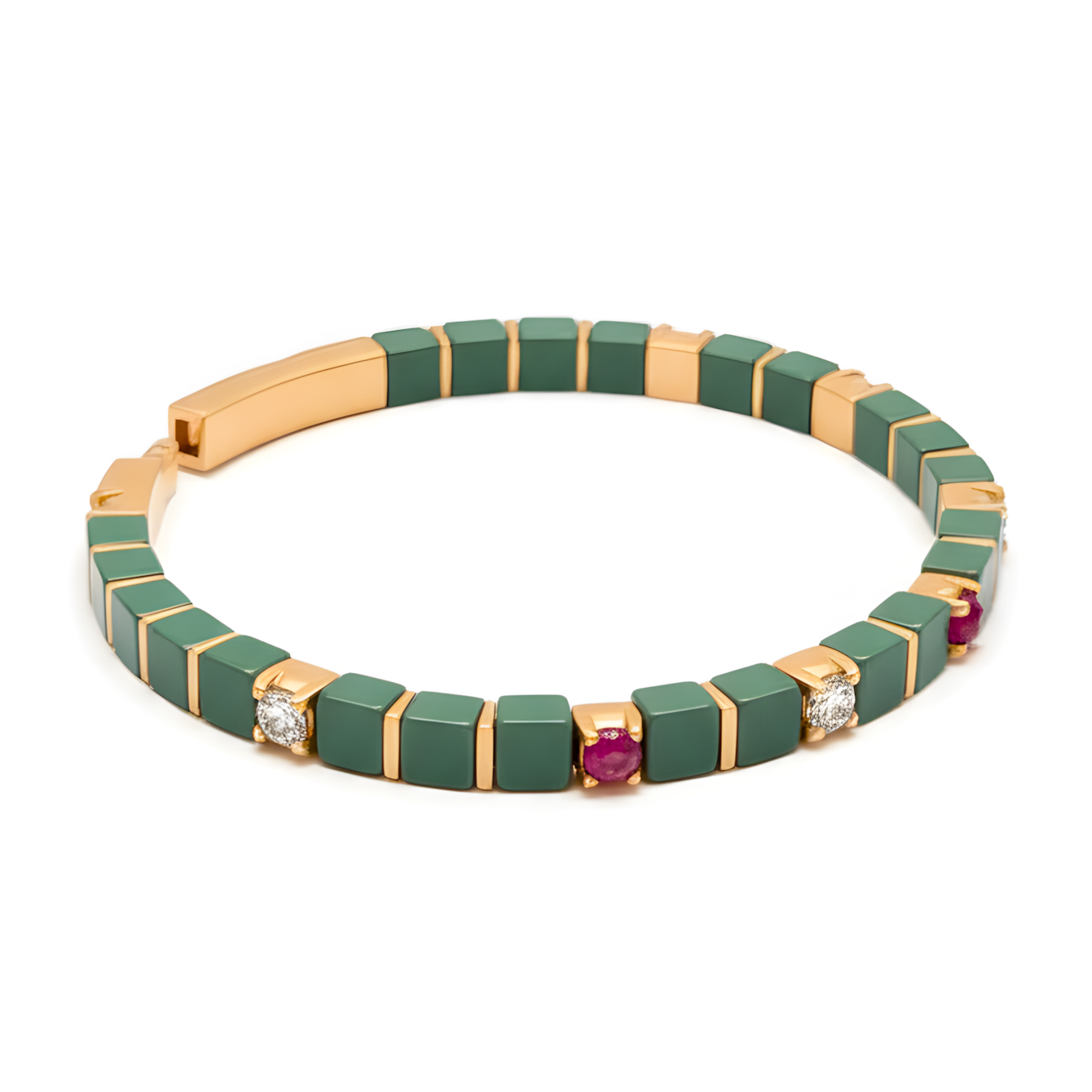 14K Rose Gold Ceramic Link Bracelet with 1.33 Ct Natural Desert Diamonds & Rubies